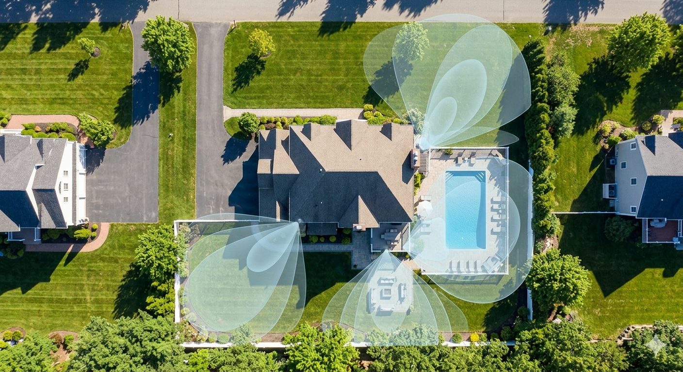 Drone view of beam-steering coverage over a backyard