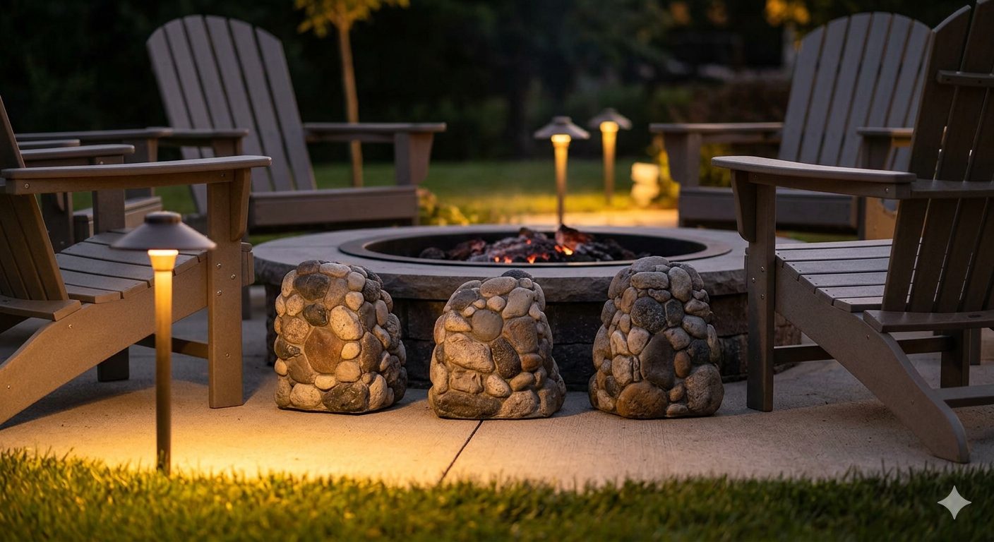 Geo-acoustic rock speaker beside a fire pit and Adirondack chairs at dusk