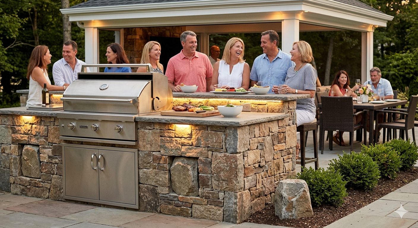 Geo-acoustic outdoor audio at a pergola dining terrace